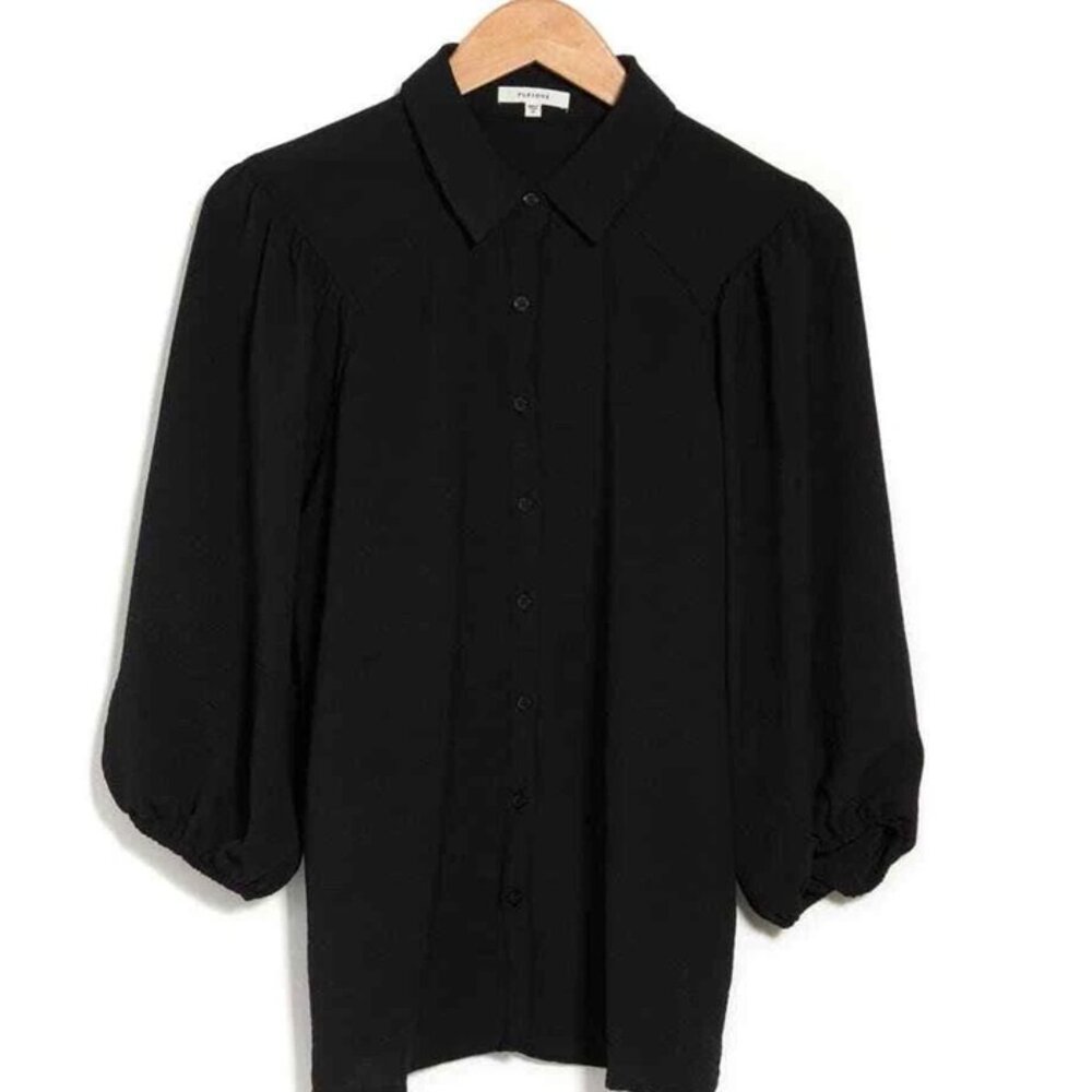 PLEIONE Women's XS Crinkle Balloon 3/4 Sleeve Collared Button-up Relax Blouse